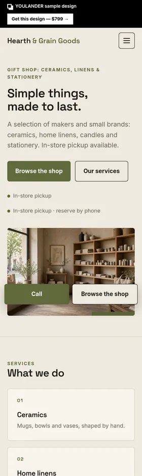 Local shop demo website — mobile preview