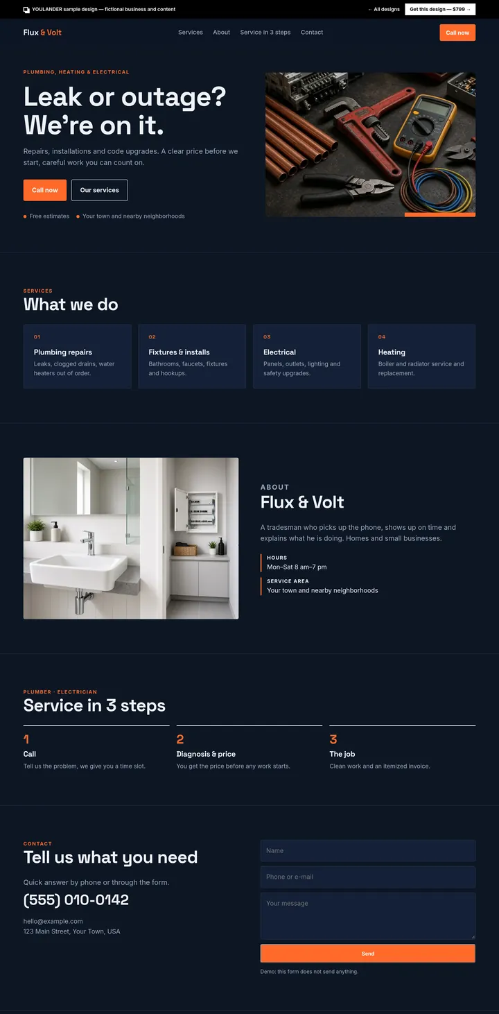Plumber · electrician demo website — desktop preview